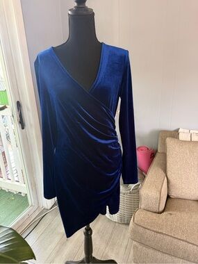SHEIN Royal Blue Velvet Wrap-Style Long Sleeve Dress